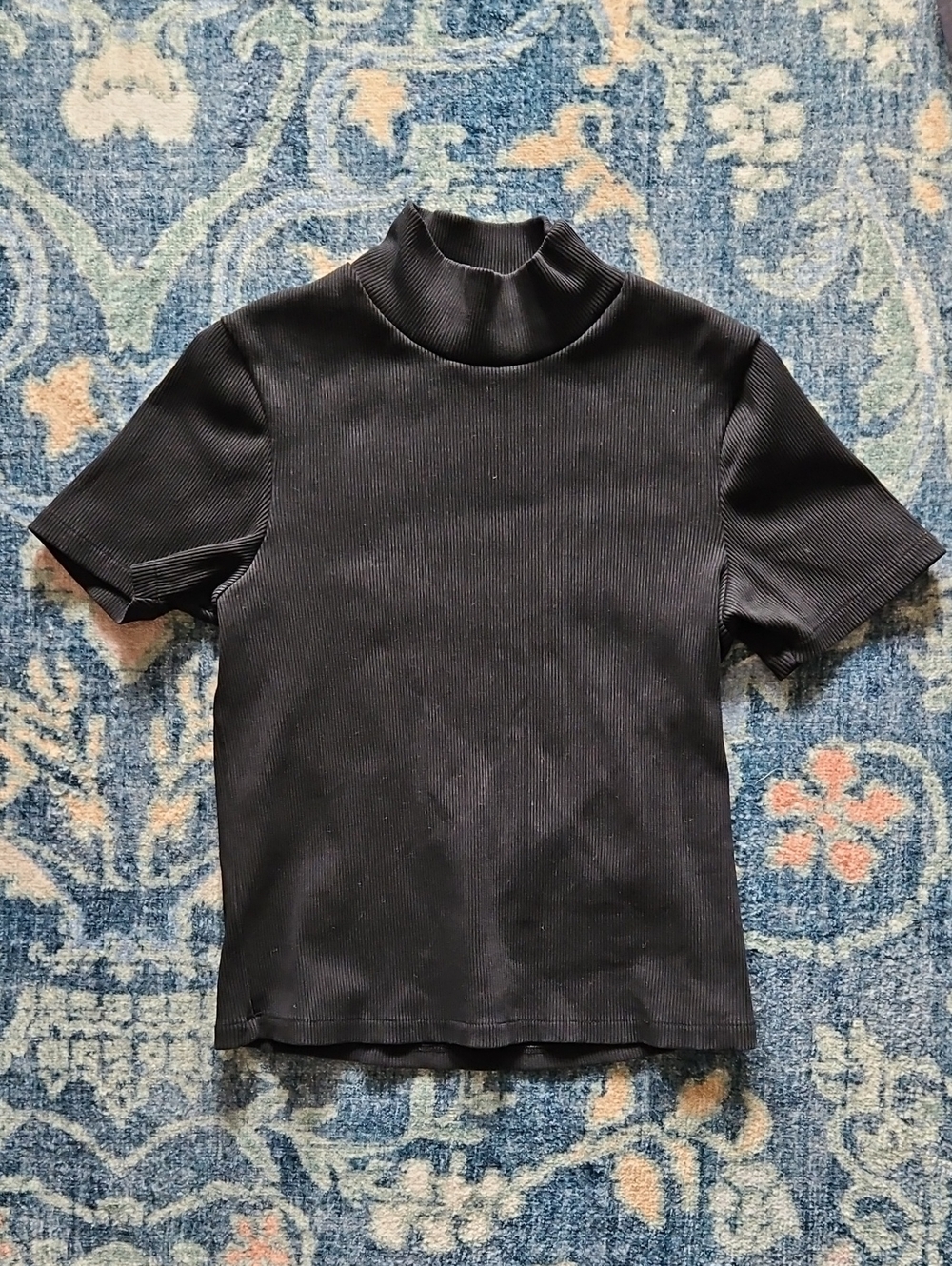 For Days - Black Ribbed Short Sleeve Mock Neck Tee - M